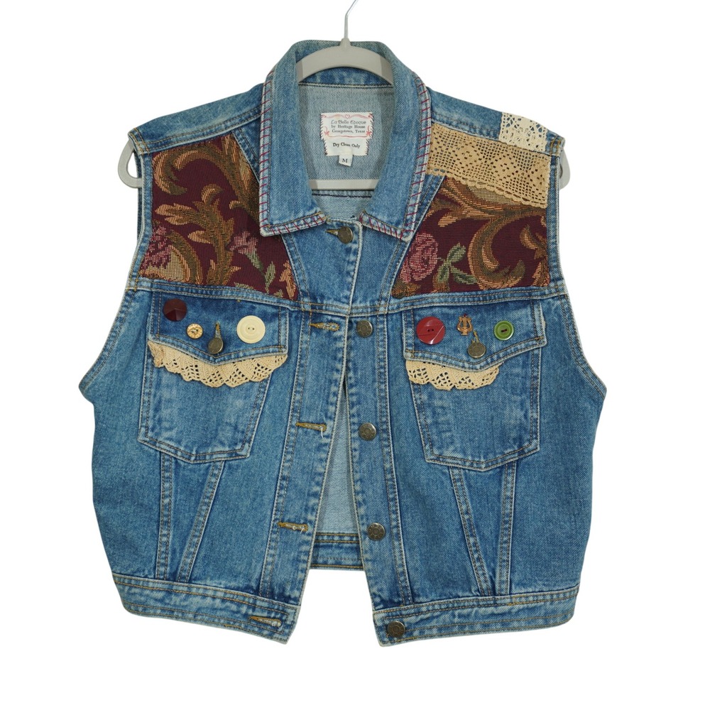 Denim Patchwork Vest with Burgundy Tapestry Panels
